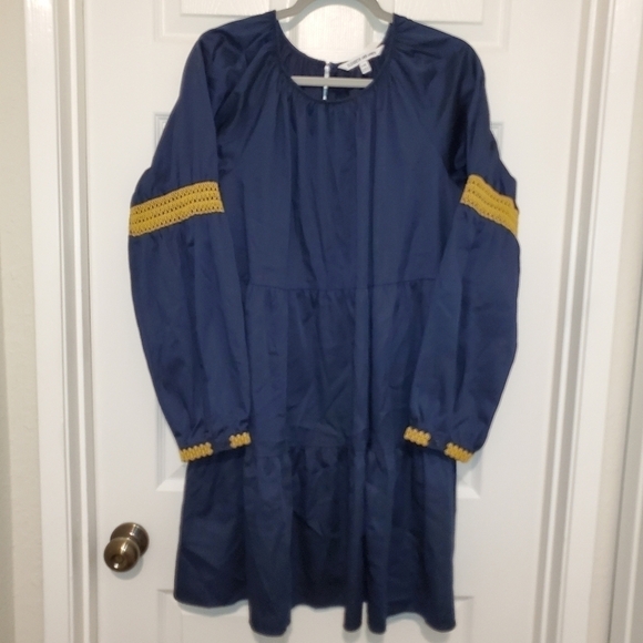 Elizabeth and James Navy Blue Peasant Tiered Dress Embroidered Long Sleeve - Picture 3 of 12